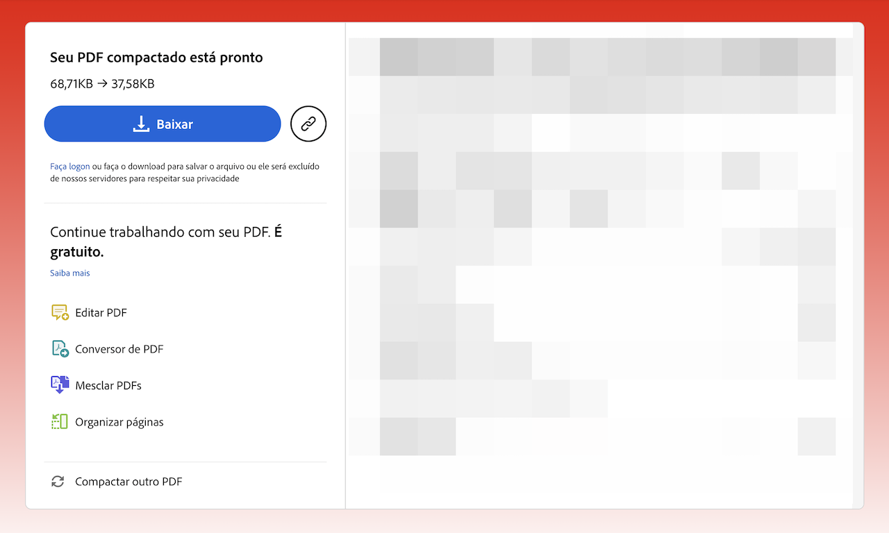 Captura de tela com o resultado da compressão, incluindo a redução do tamanho do arquivo