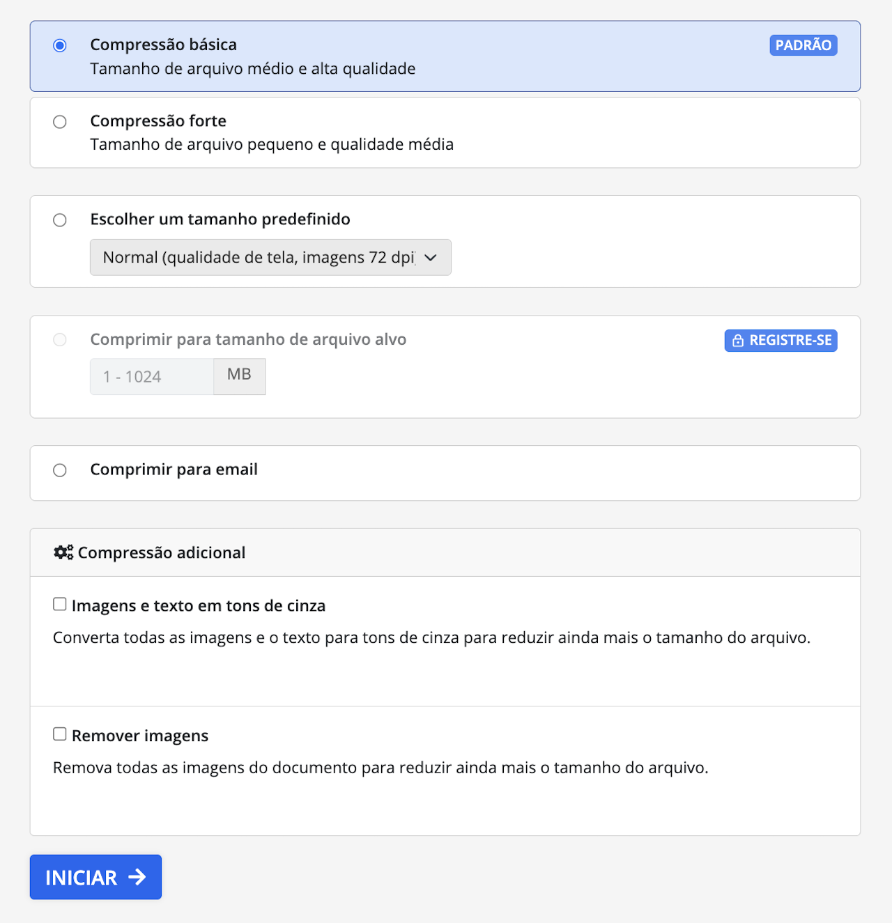 Captura de tela mostrando os níveis de compressão e opções adicionais no PDF2Go