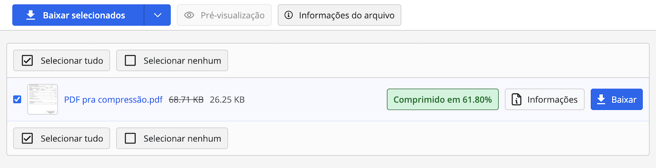 Captura de tela exibindo o tamanho do arquivo antes e depois da compressão no PDF2Go