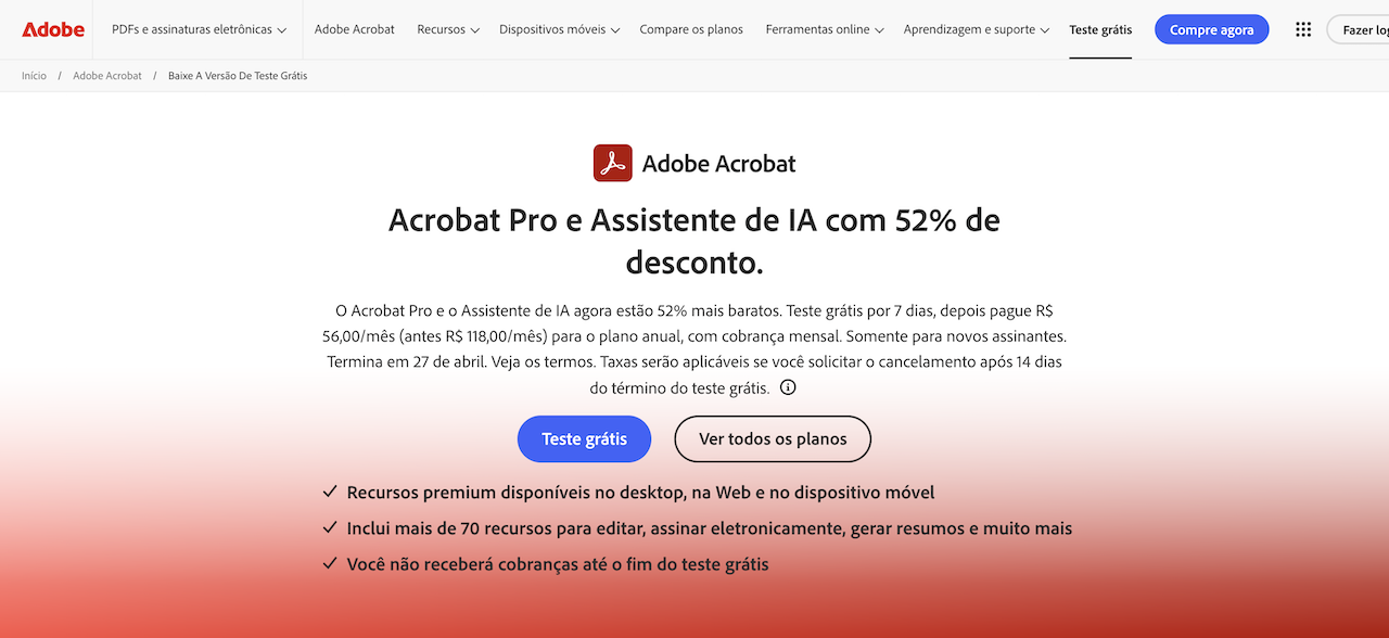 Captura de tela da página do Adobe Acrobat com informações sobre planos e teste grátis