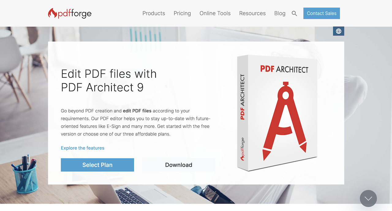 Captura de tela da página do PDF Architect com opções de download e planos