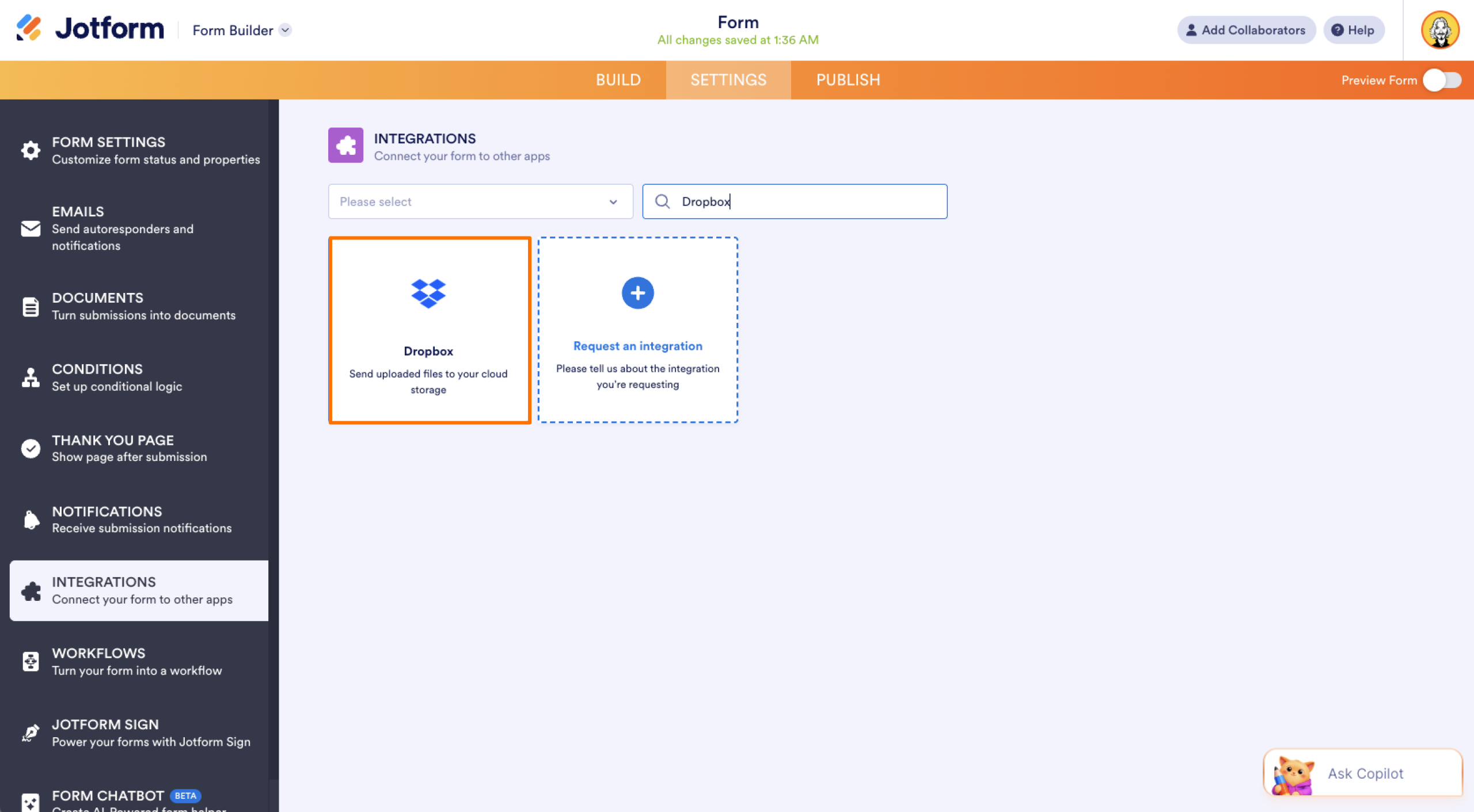 Jotform Form Builder Settings Tab Integrations Menu Dropbox Integration
