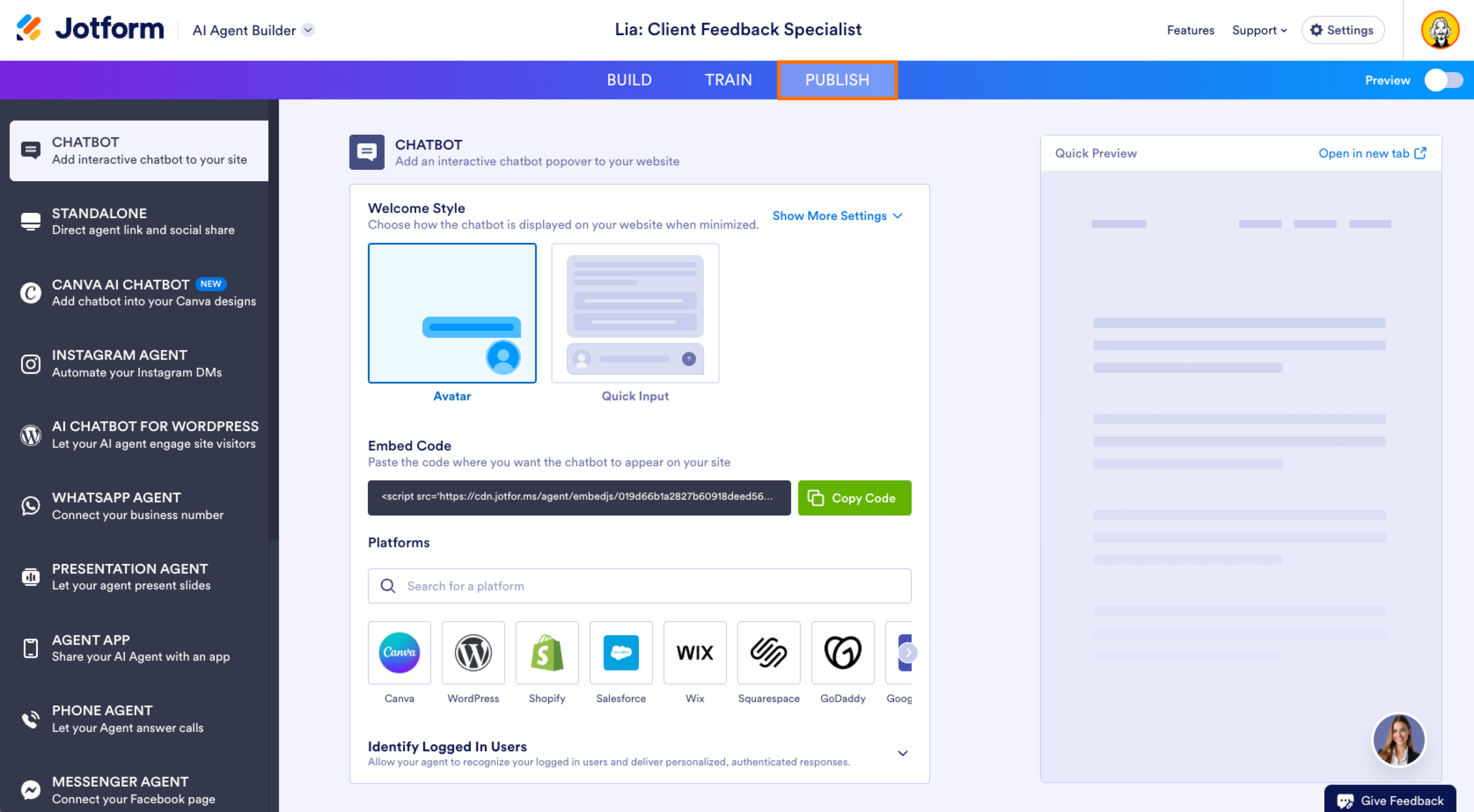 Jotform AI Agent Builder Publish Tab