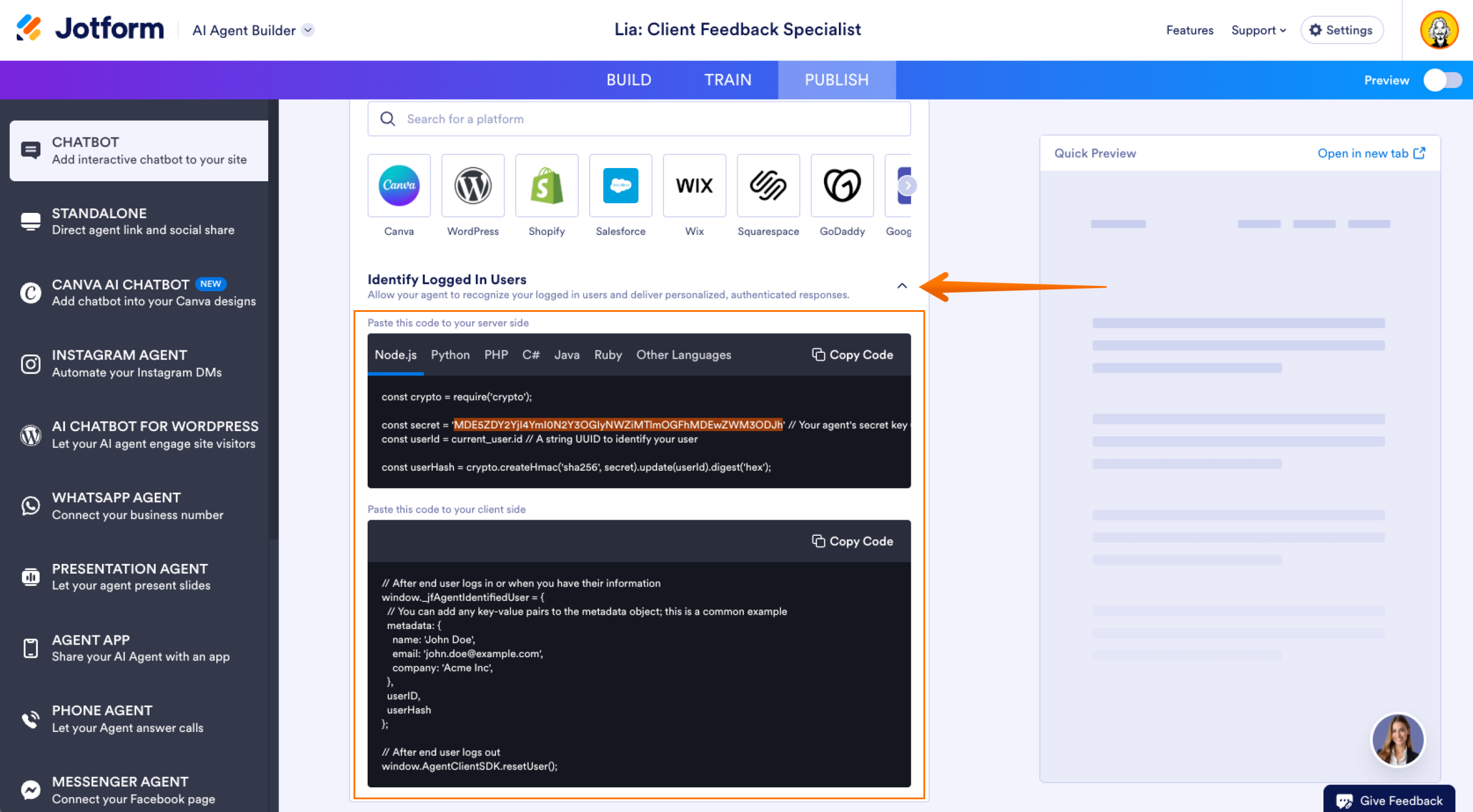 Jotform AI Agent Builder Chatbot Channel Publish Tab "Identify Logged In Users" Section