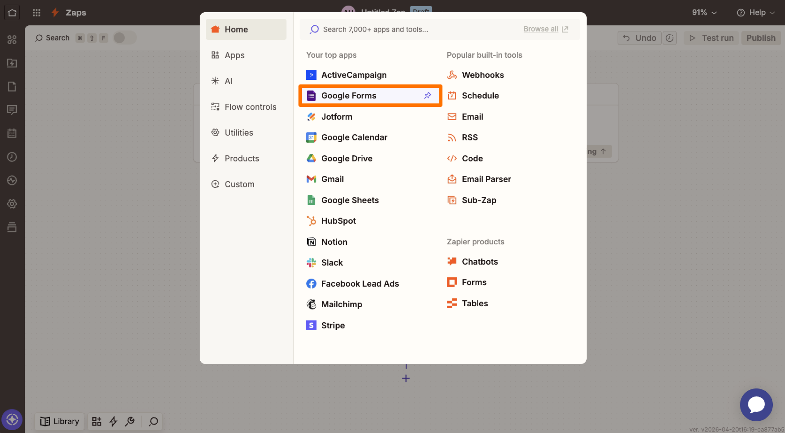 Zapier Trigger Menu Google Forms Option
