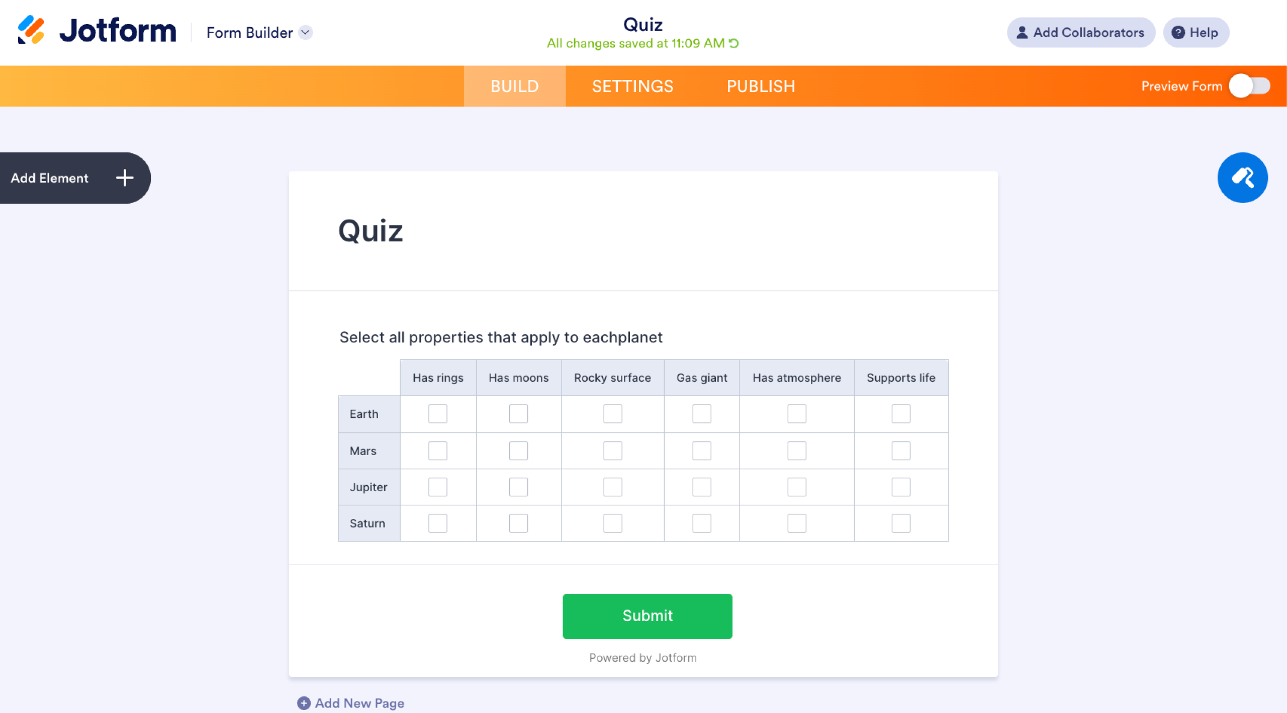 Jotform Input Table with Checkboxes question type