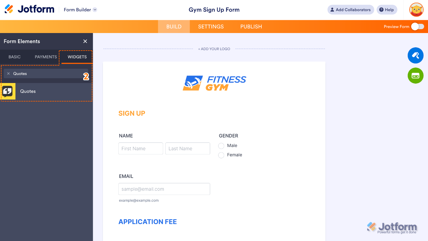 Form Elements panel under the Widgets tab showing the Quotes widget being searched and added to a form