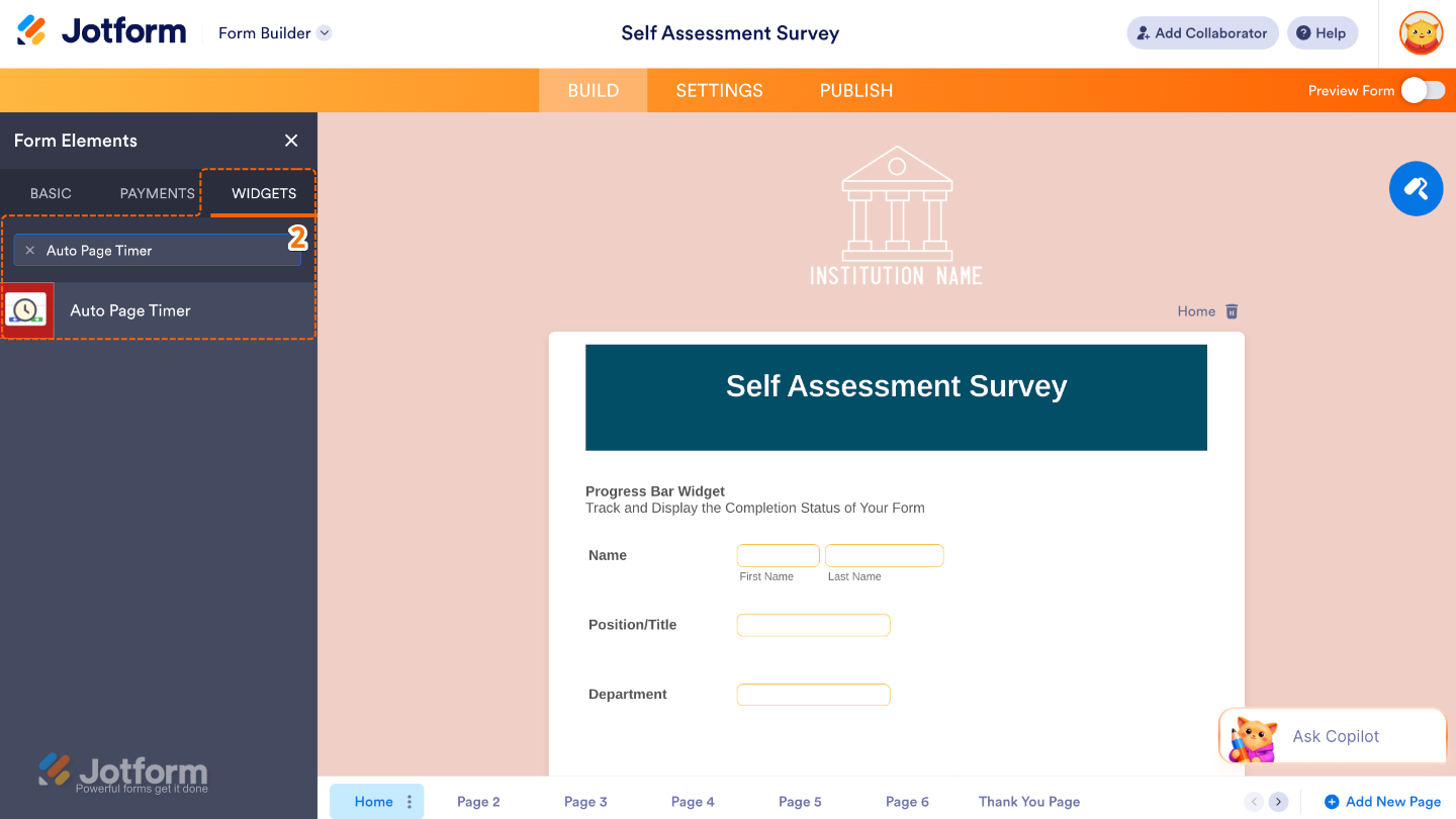 Form Elements panel under the Widgets tab showing the Auto Page Timer widget being searched and added to a form