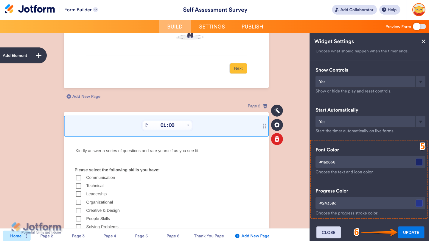 Auto Page Timer widget settings panel showing Font Color and Progress Color options for customizing the timer appearance