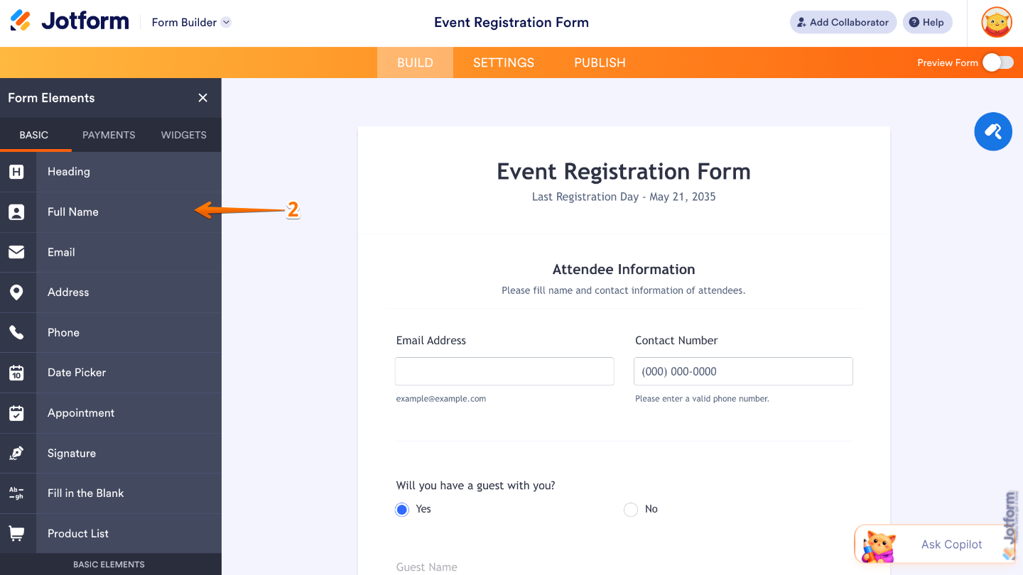 Form Elements panel under the Basic tab showing the Full Name field being selected and added to a form