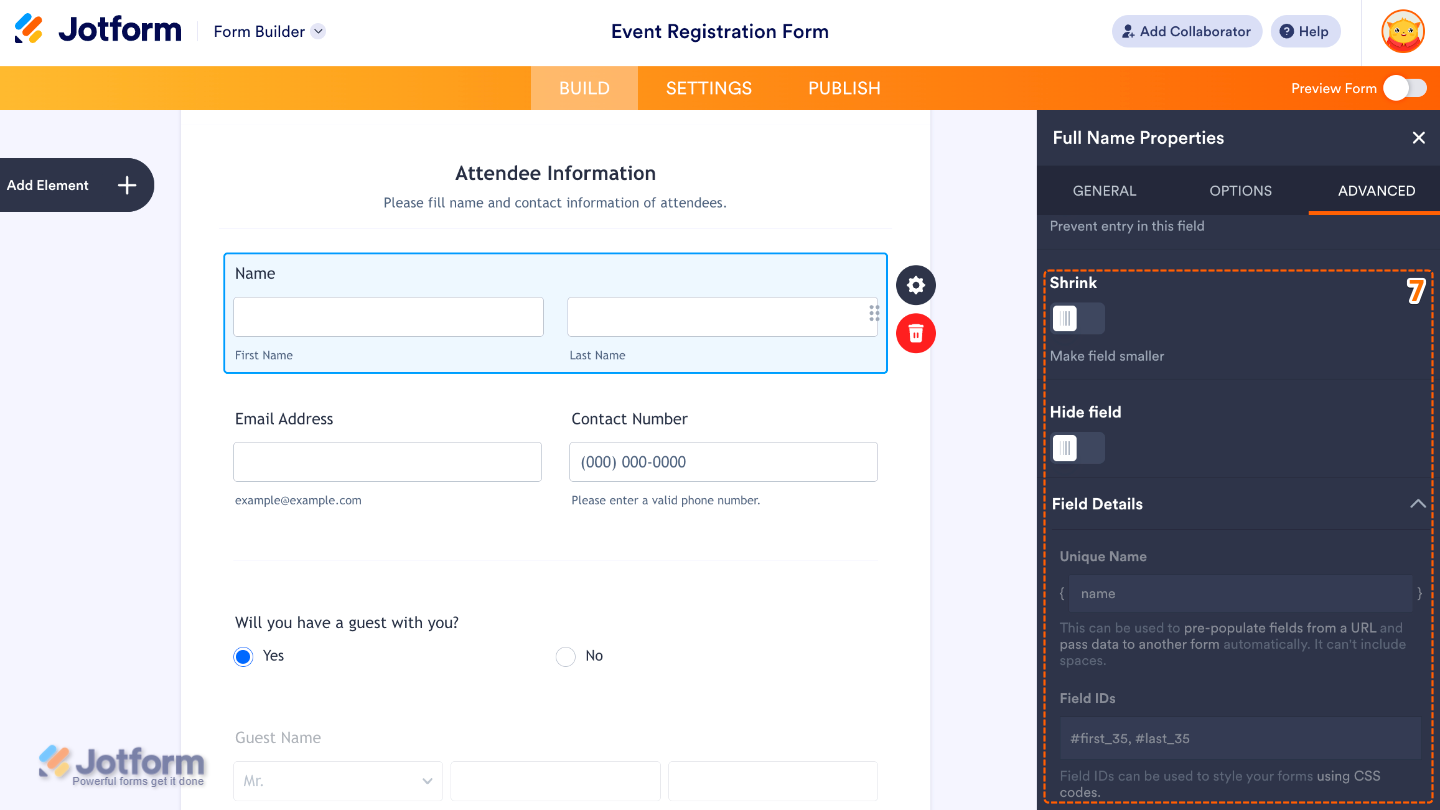 Full Name field advanced settings showing options for shrink, hide field, and field details including unique name and field IDs