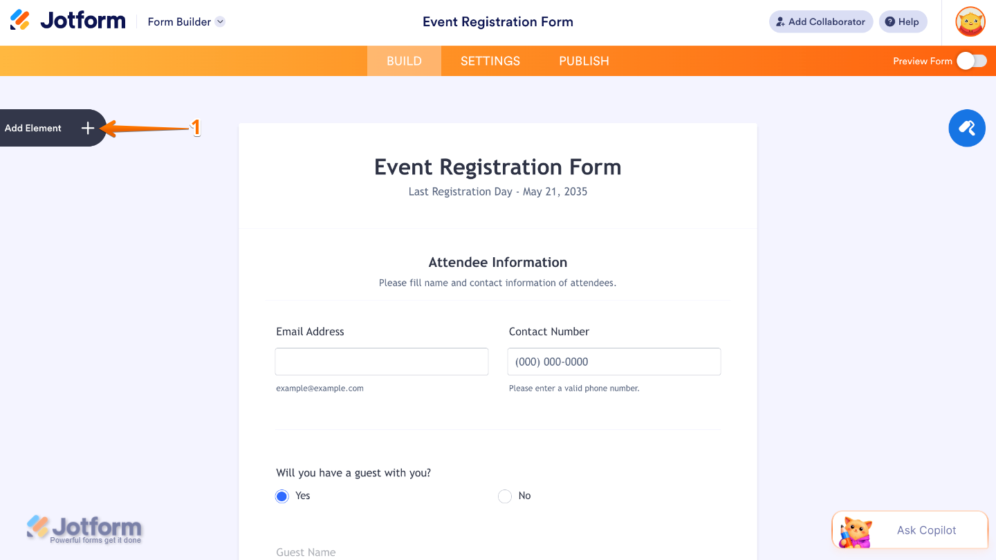 Form Builder interface highlighting the Add Element button on the left panel to add new fields and widgets
