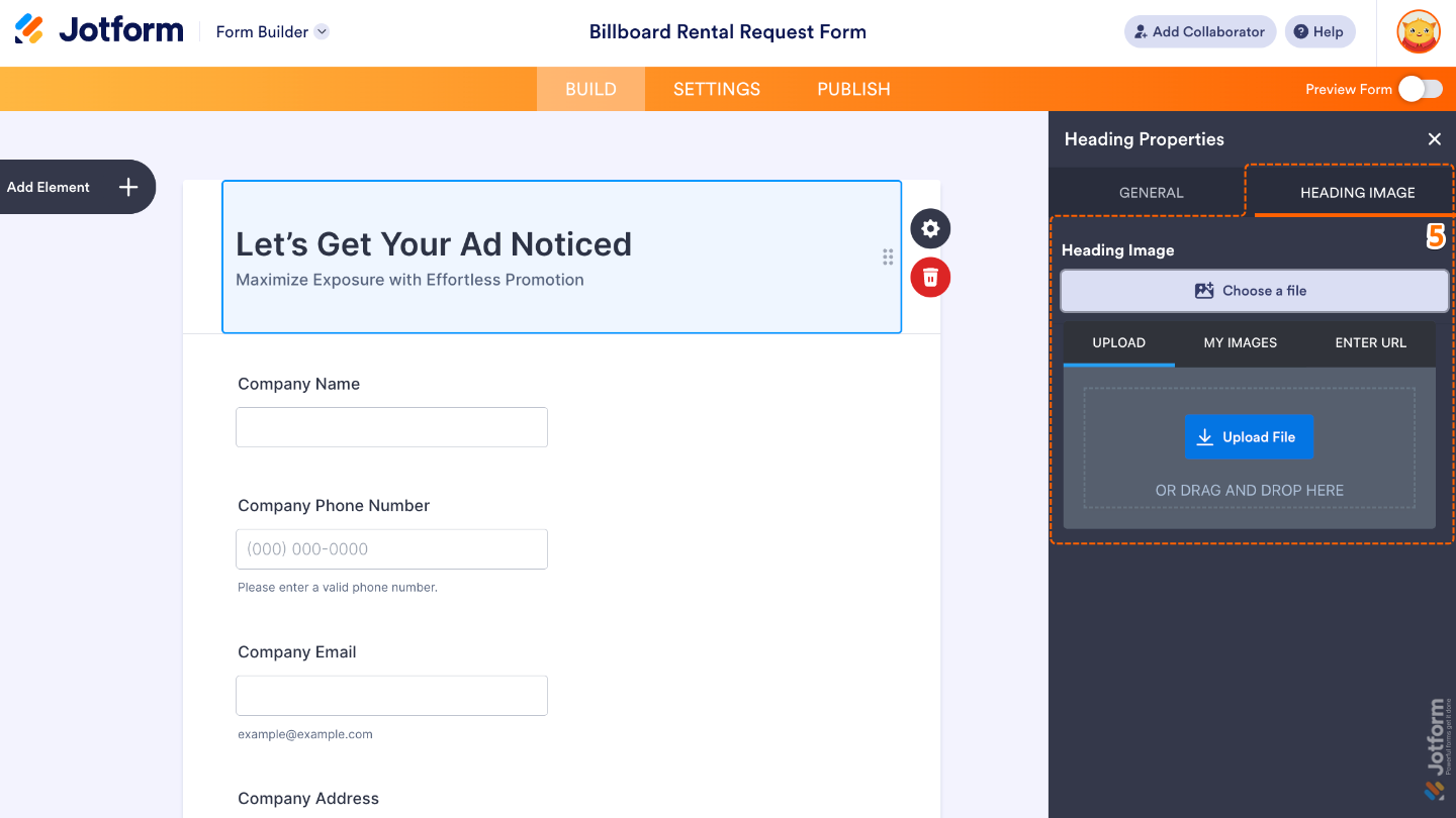 Heading Properties panel showing the Heading Image tab with options to upload images, choose from My Images, or enter image URLs