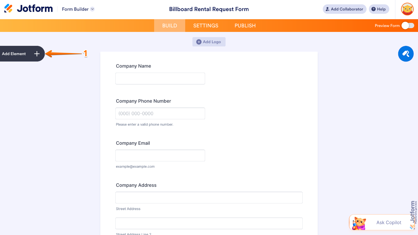 Form Builder interface highlighting the Add Element button on the left panel to add new fields and widgets