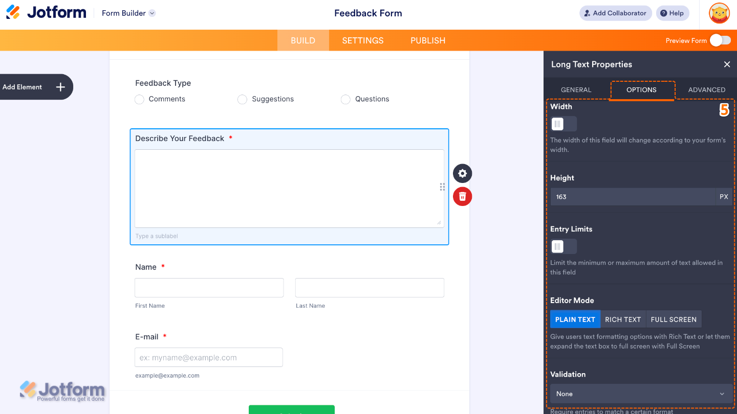 Long Text field Options tab showing settings for width, height, entry limit, editor mode, and validation