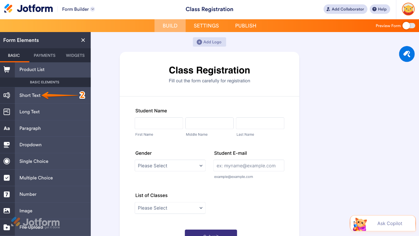 Form Elements panel under the Basic tab showing the Short Text field being selected and added to a form