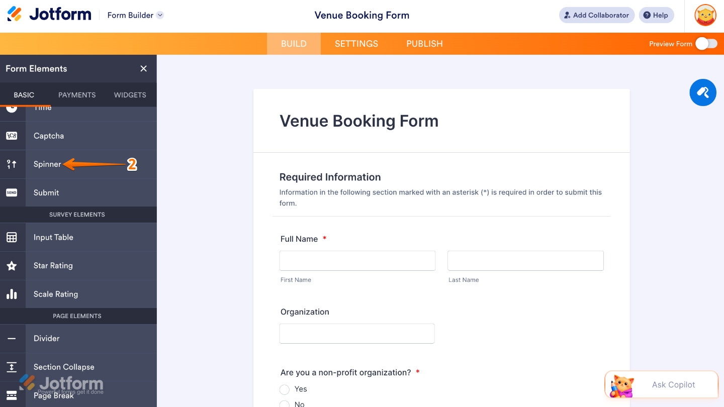 Form Elements panel under the Basic tab showing the Spinner field being selected and added to a form