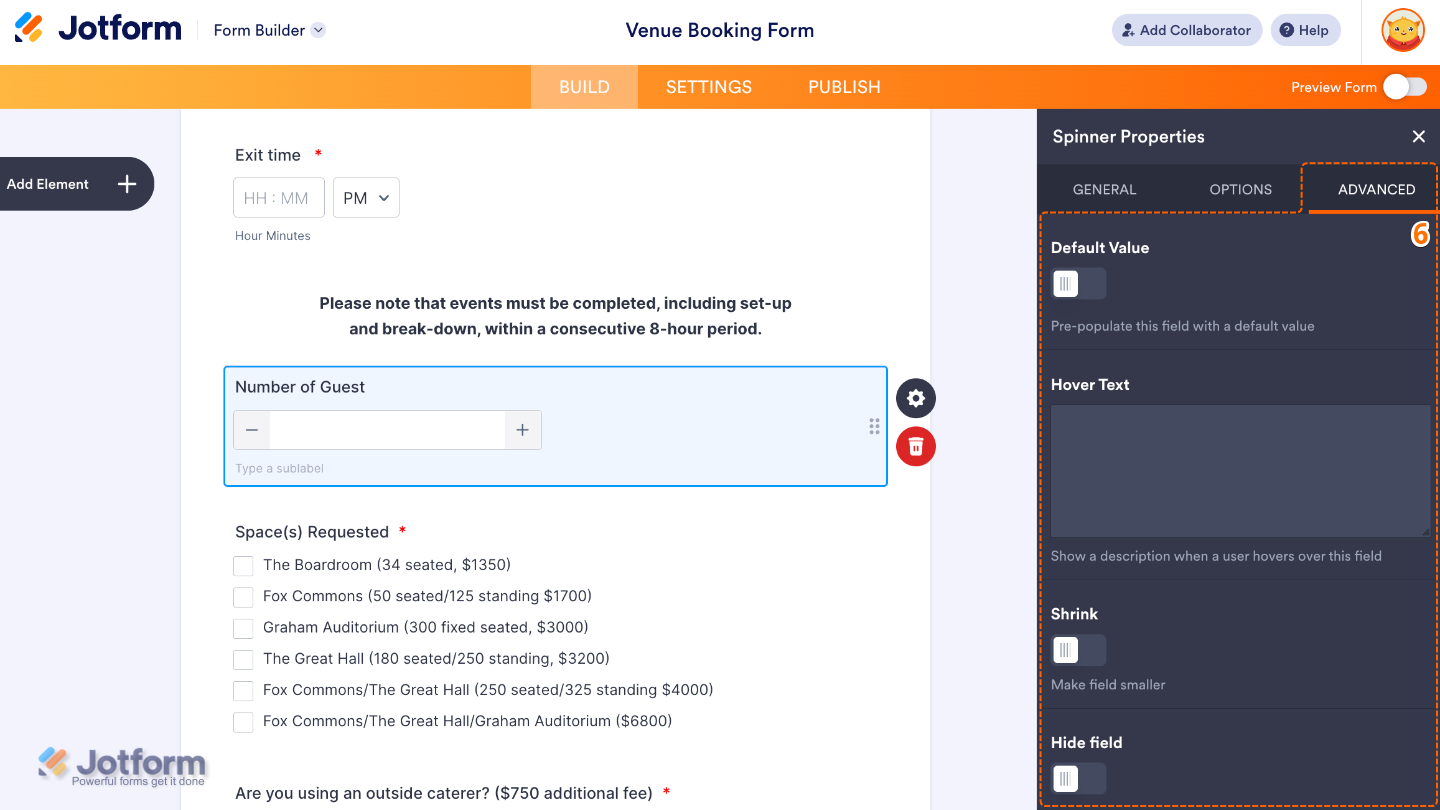 Spinner field Advanced tab showing settings for default value, hover text, shrink option, and hide field toggle