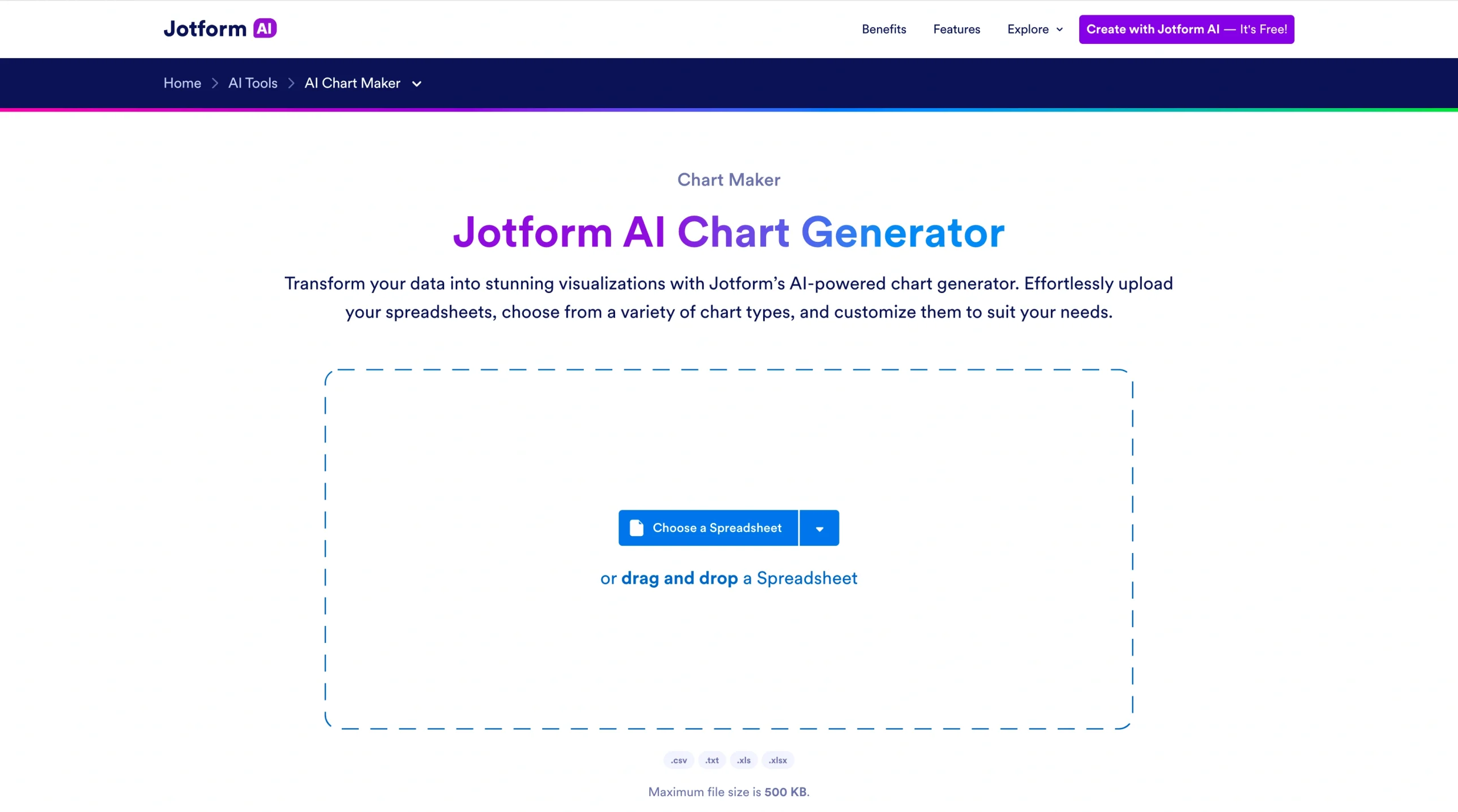 Screenshot of the Jotform AI Chart Generator landing page
