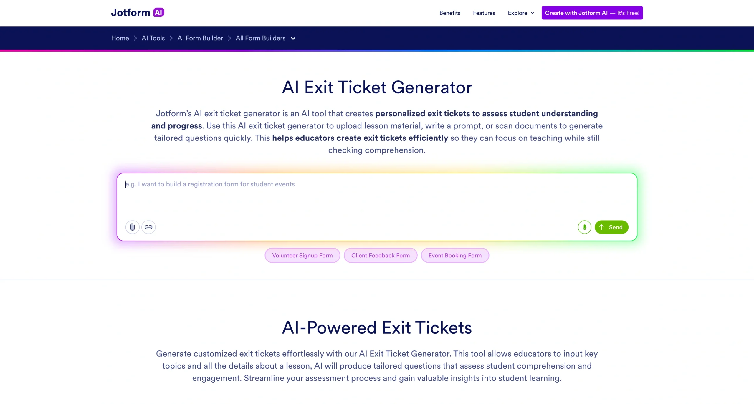 Screenshot of Jotform's AI Exit Ticket Generator landing page