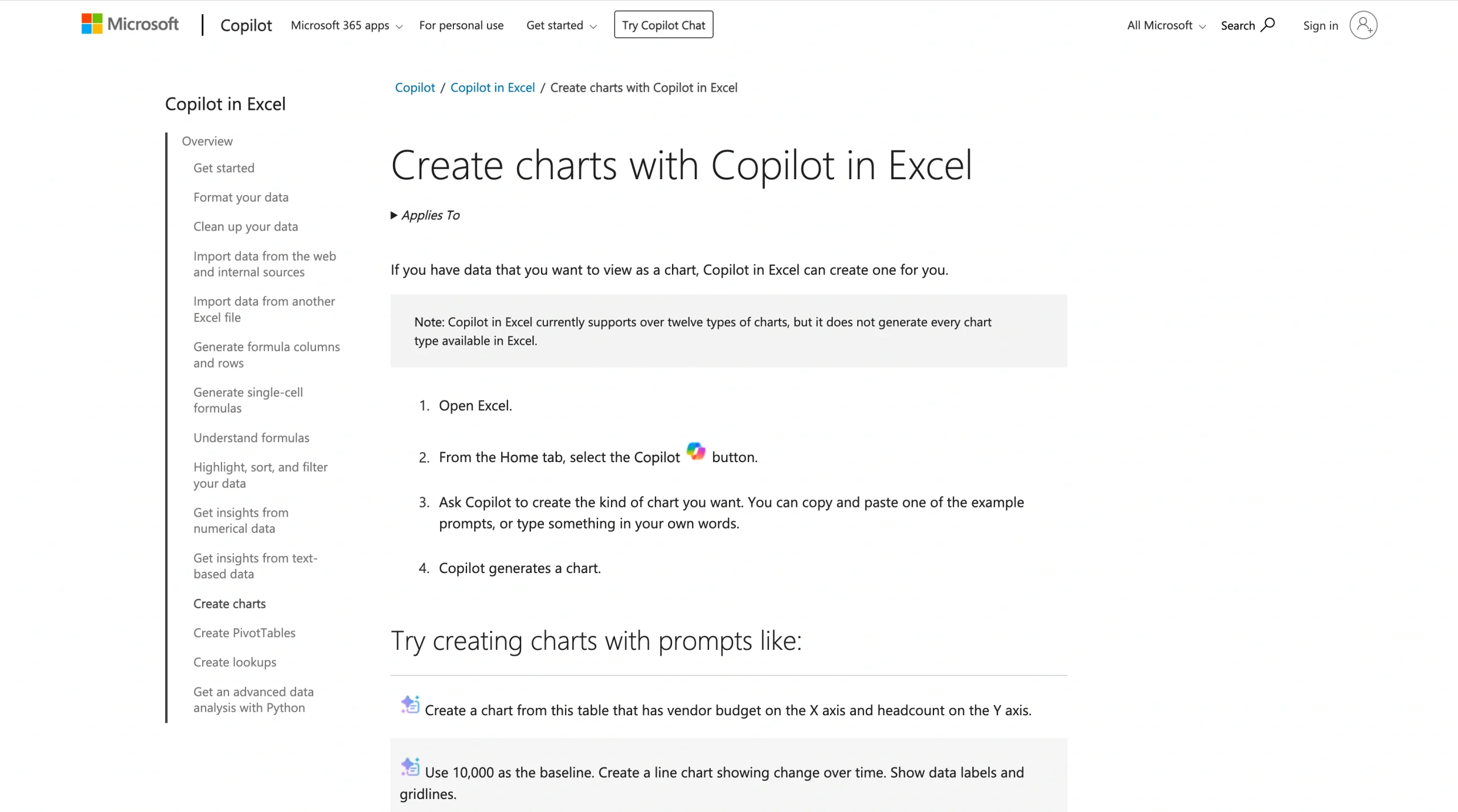 Screenshot of the Microsoft Copilot in Excel website