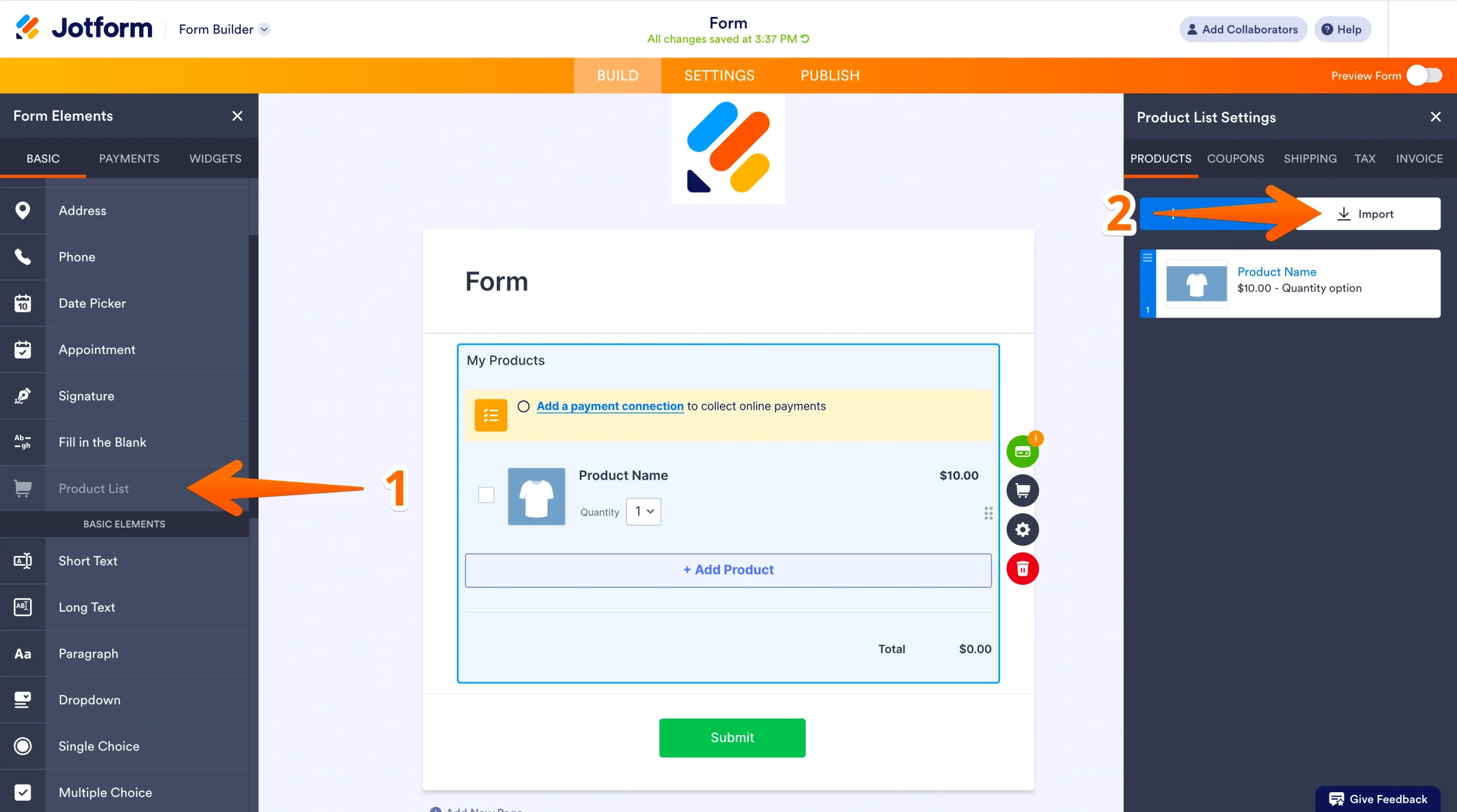 Screenshot of the Jotform Form Builder with the Product List element added, highlighting the Import button in Product List settings and the element location in the left panel