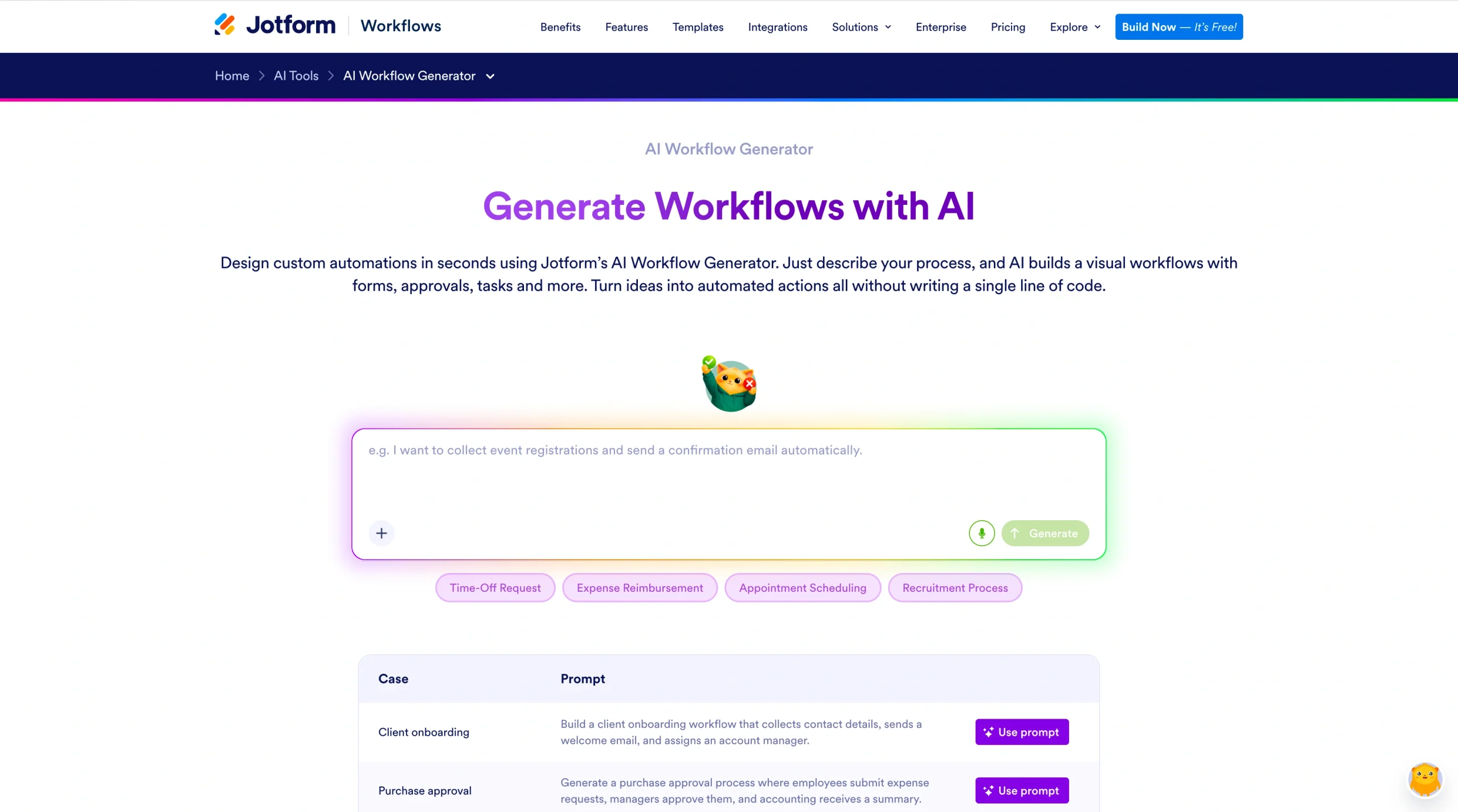 Screenshot of the Jotform's AI Workflow Generator landing page, showing a headline "Generate Workflows with AI"