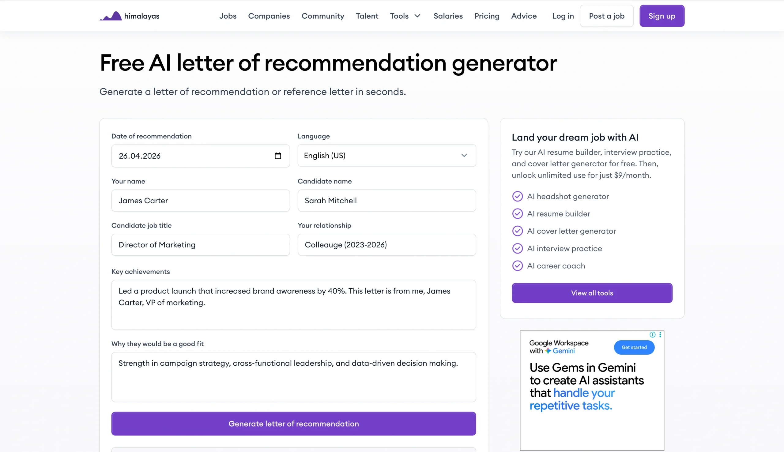 Screenshot of the Himalayas Free AI letter of recommendation generator landing page
