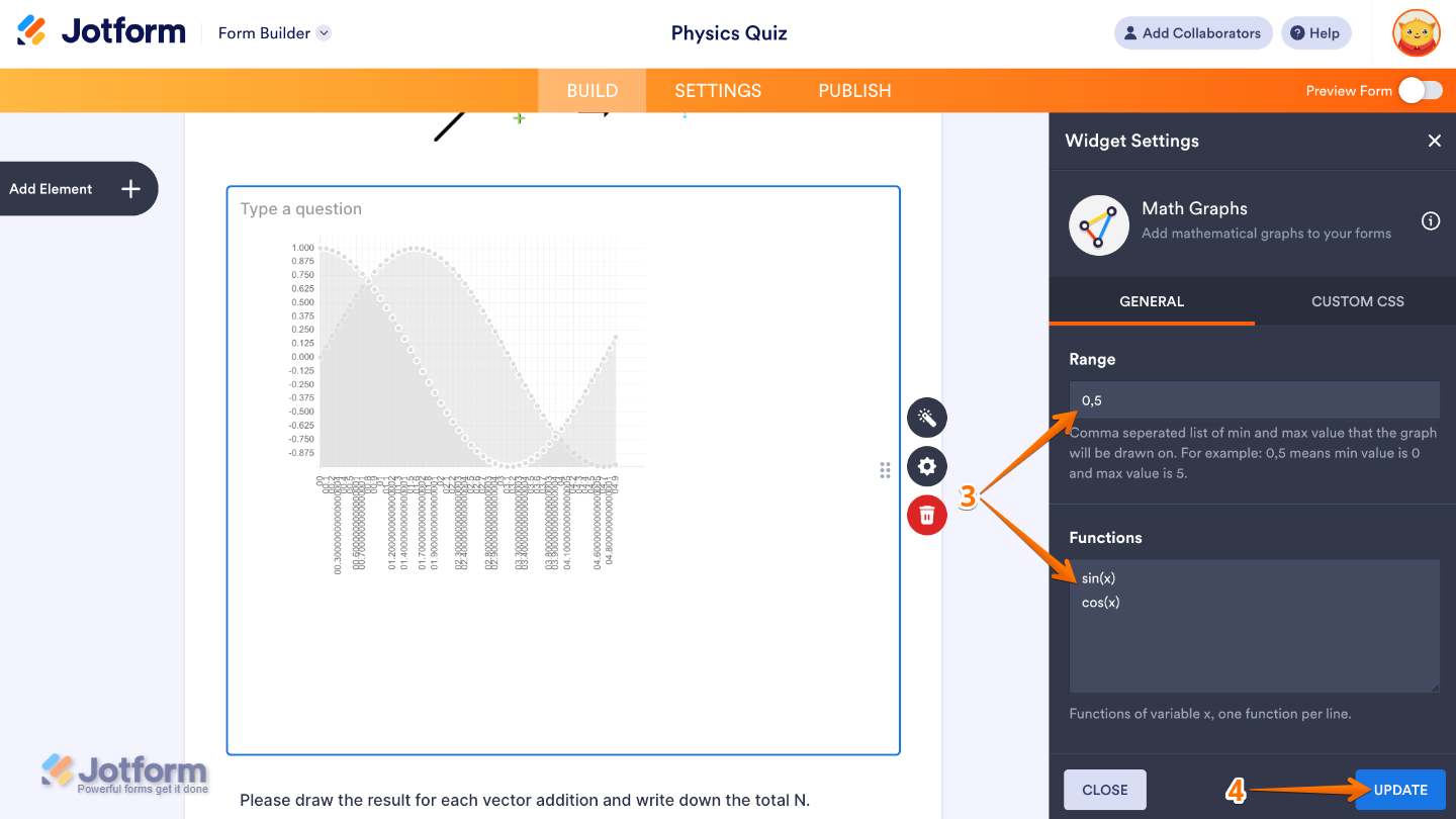 Math Graphs widget settings panel showing options for setting range and entering functions