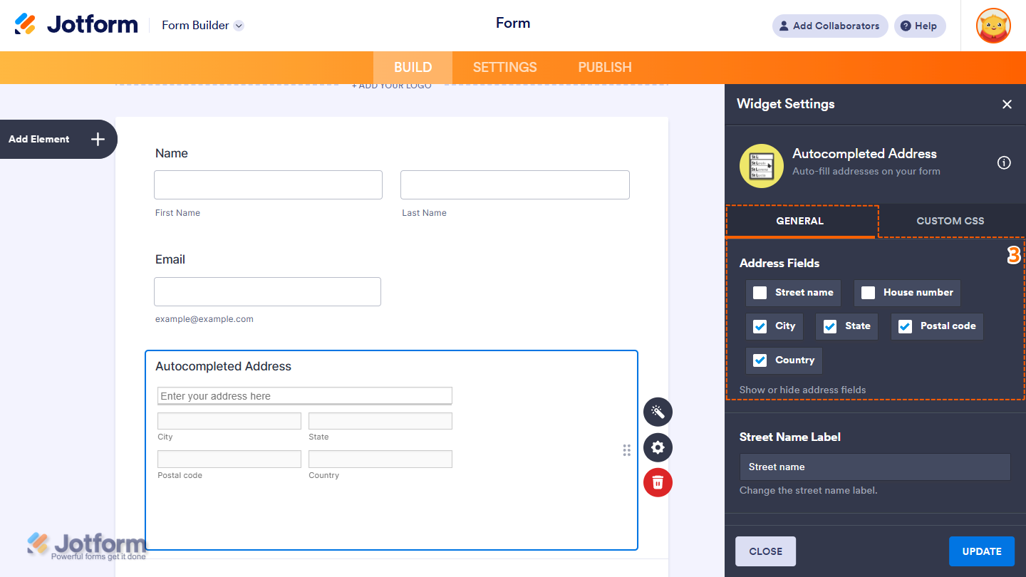 Address Fields section of the Autocompleted Address widget settings