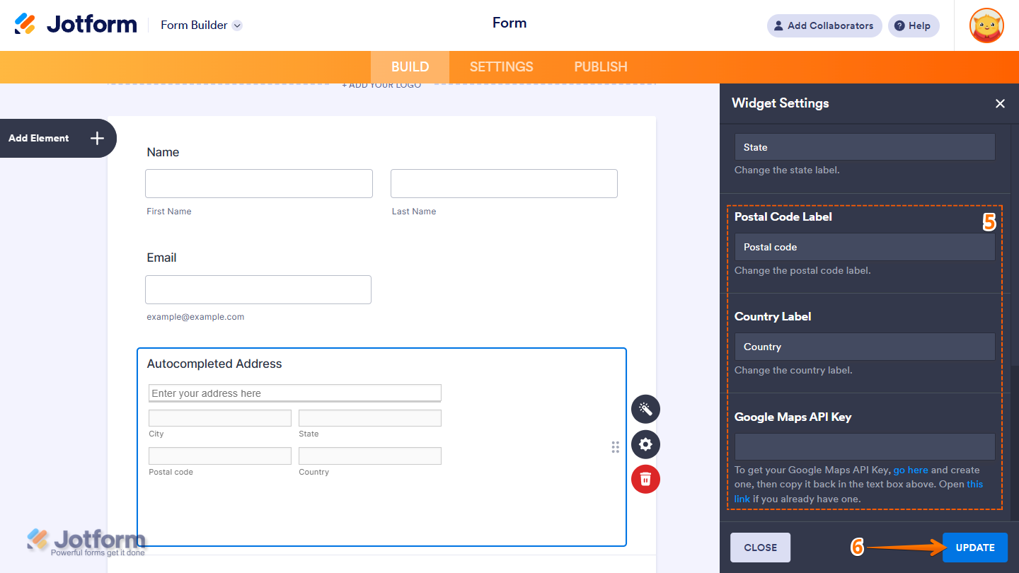 Labels and Google Maps API Key of the Autocompleted Address widget settings