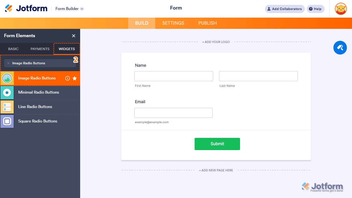 Image Radio Buttons in the Widgets tabs of Jotform Form Builder