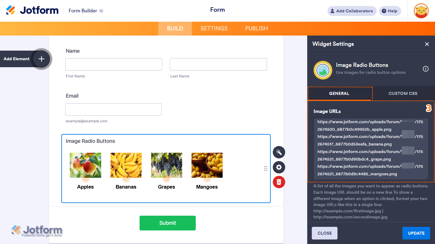 Image URLs in the Image Radio Buttons widget settings
