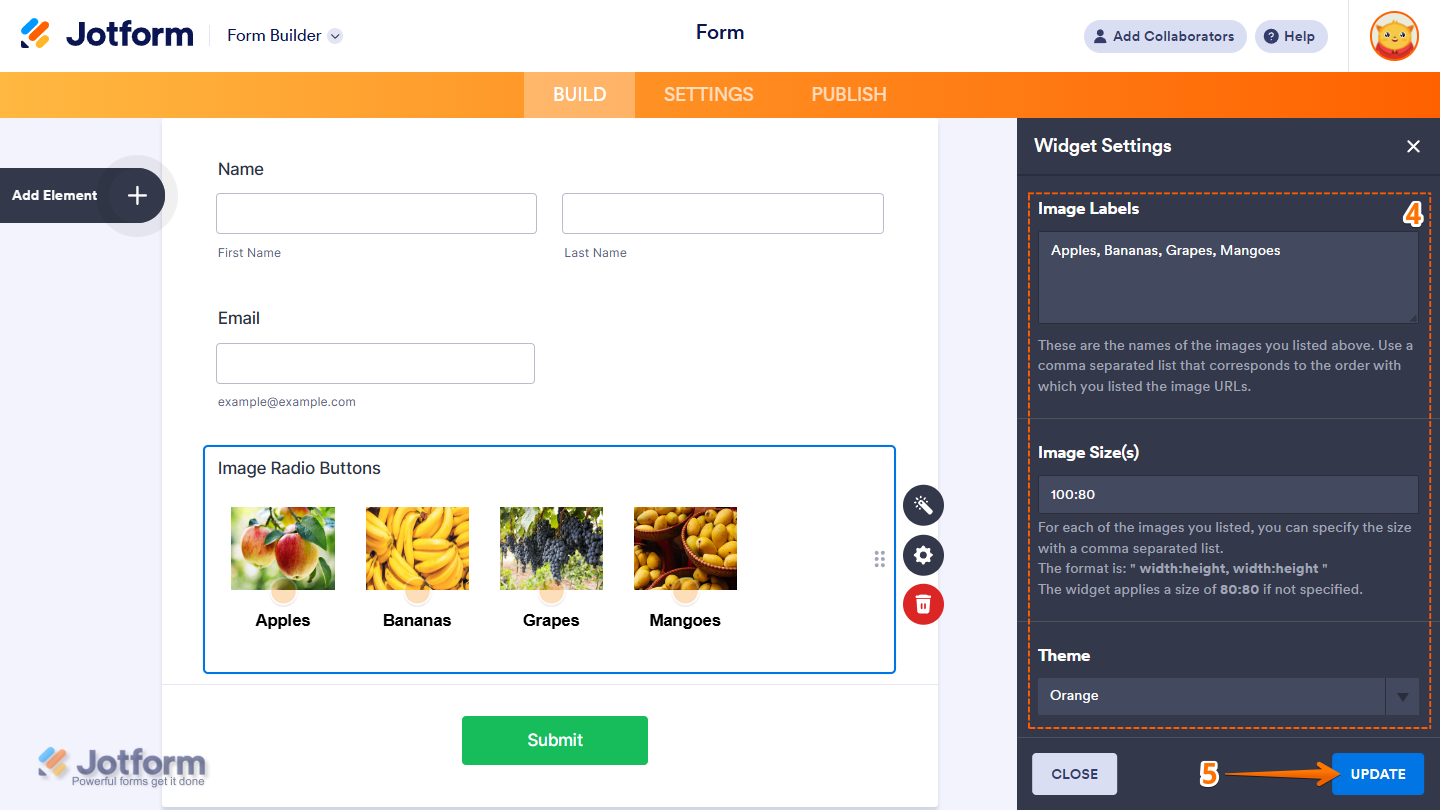 Image Labels, Image Sizes, and Themes in the Image Radio Buttons widget settings