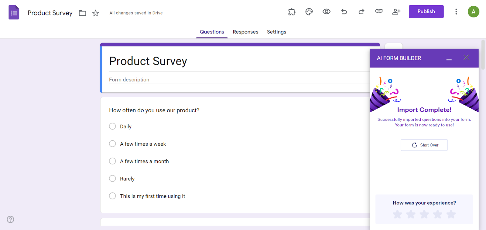 Capture d'écran de la fenêtre modale AI Form Builder indiquant le l'Importation est terminée