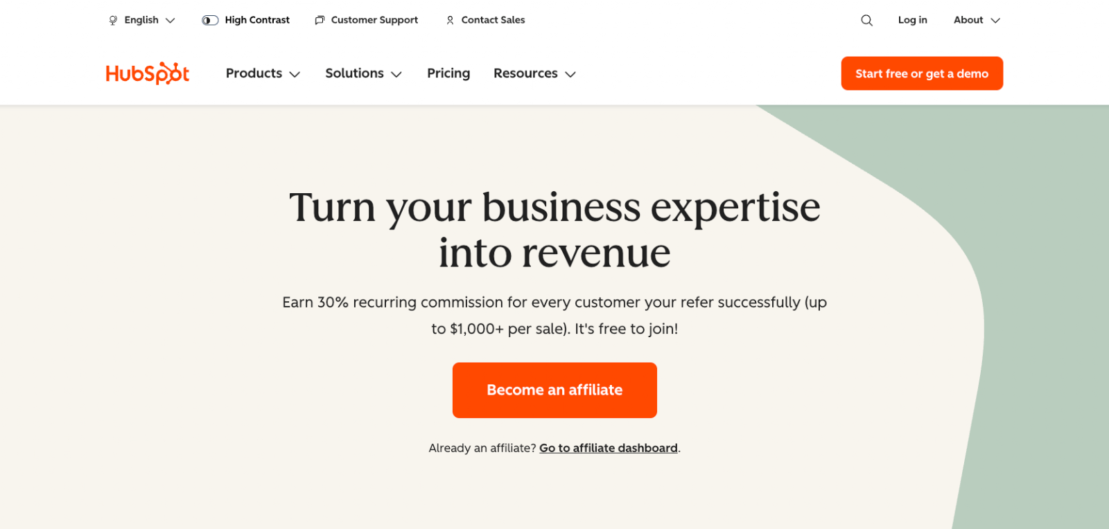 HubSpot website with the words: "Turn your business expertise into revenue"