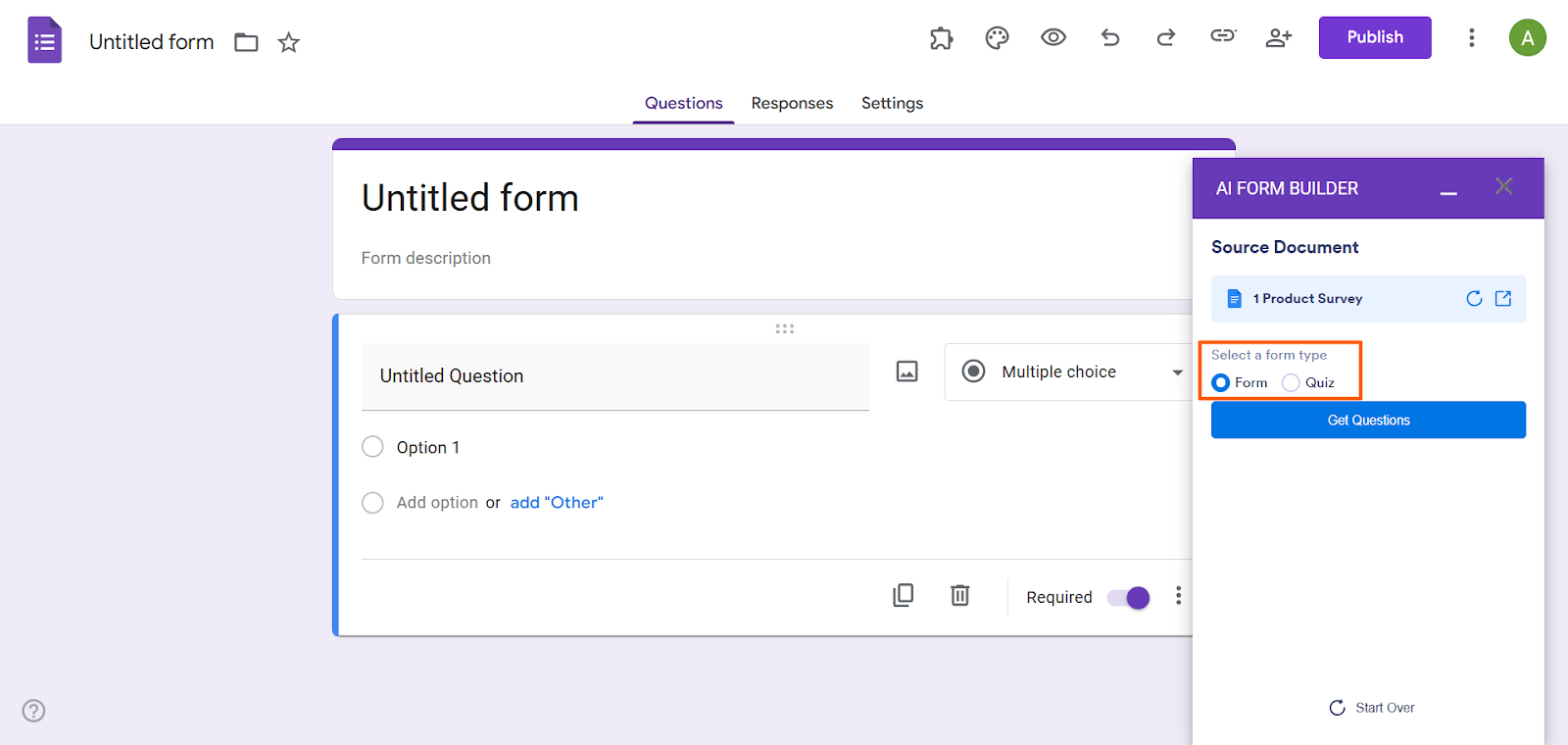 AI Form Builder opción Seleccionar un tipo de formulario