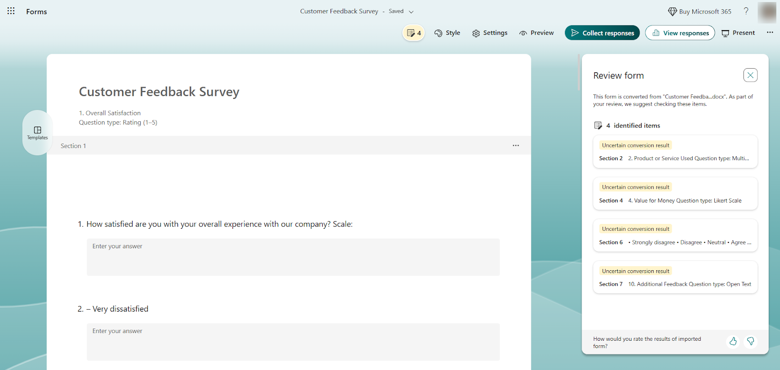 Microsoft Forms Imported Form in the Form Editor Page