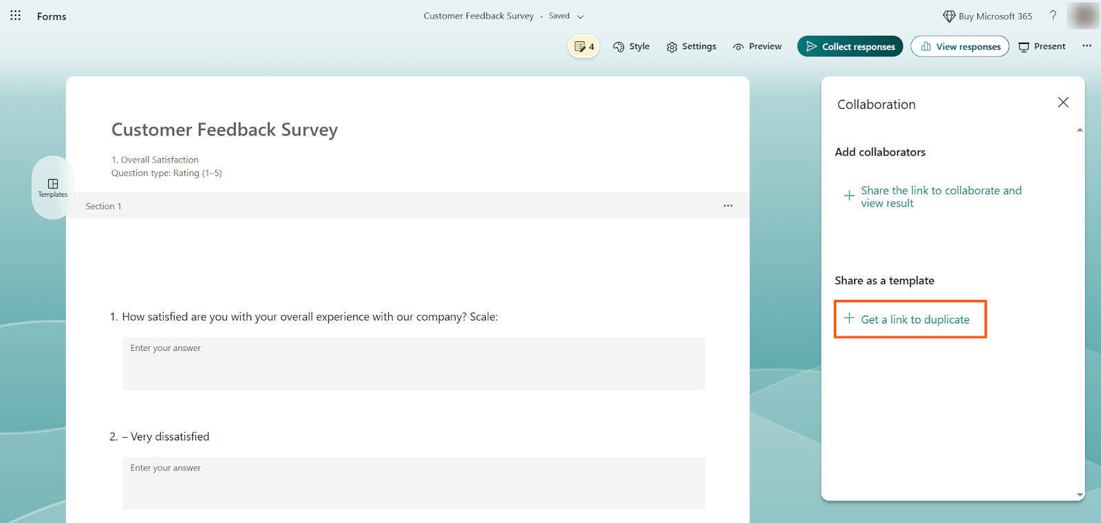 Microsoft Forms Get a link to duplicate button