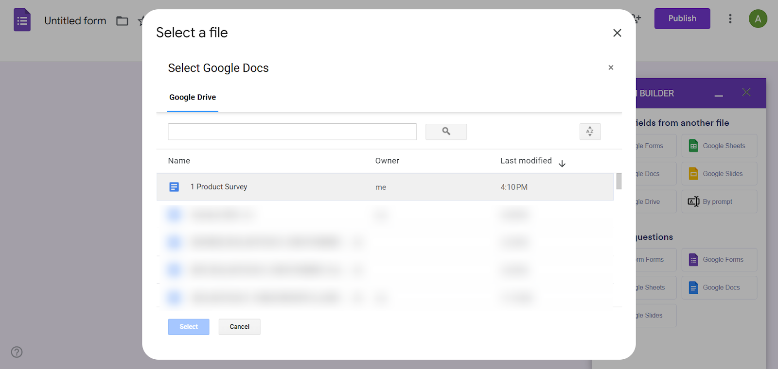 Capture d'écran de l'AI Form Builder montrant le menu Sélectionner un fichier
