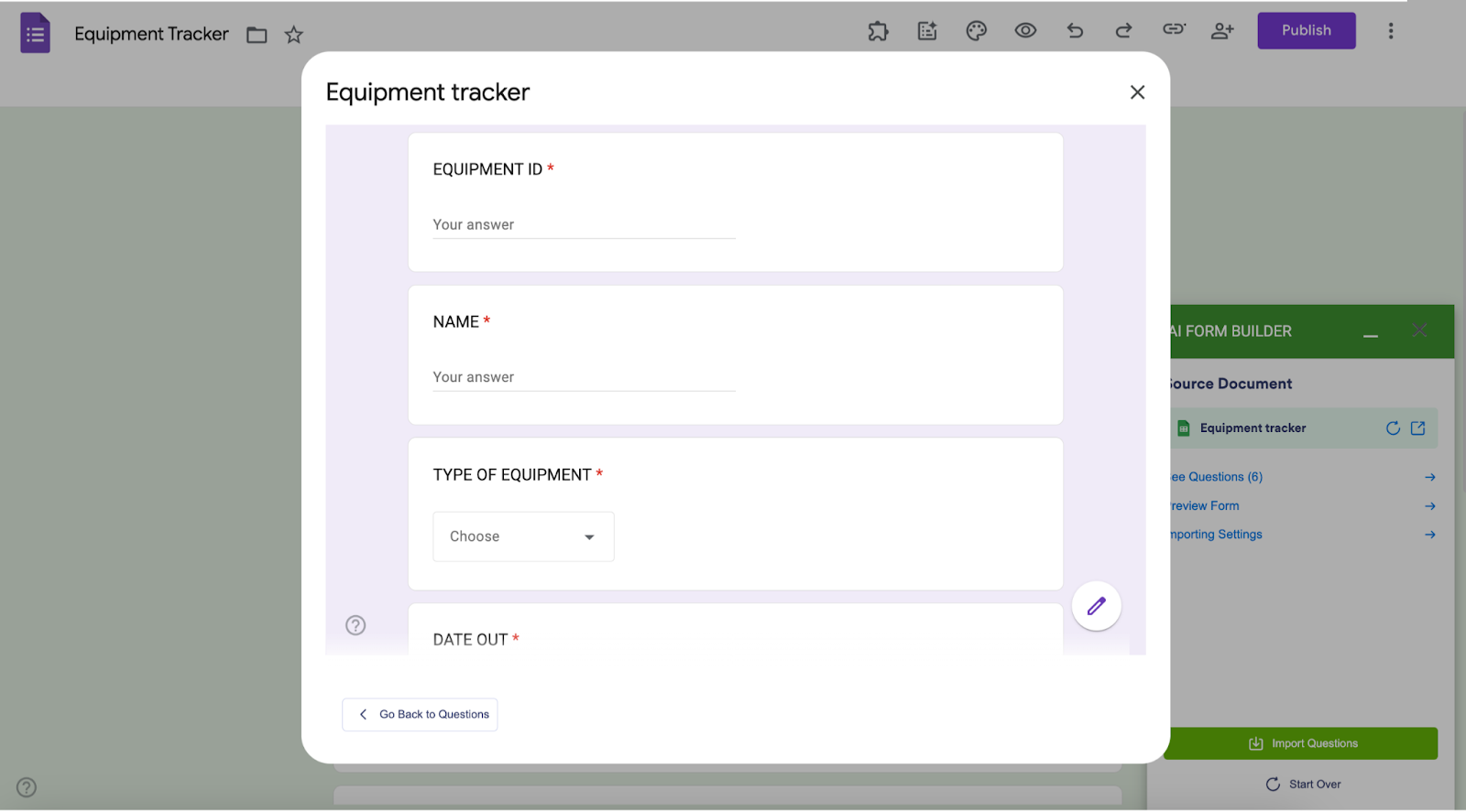 Google Forms interface showing additional fields imported from Google Sheets