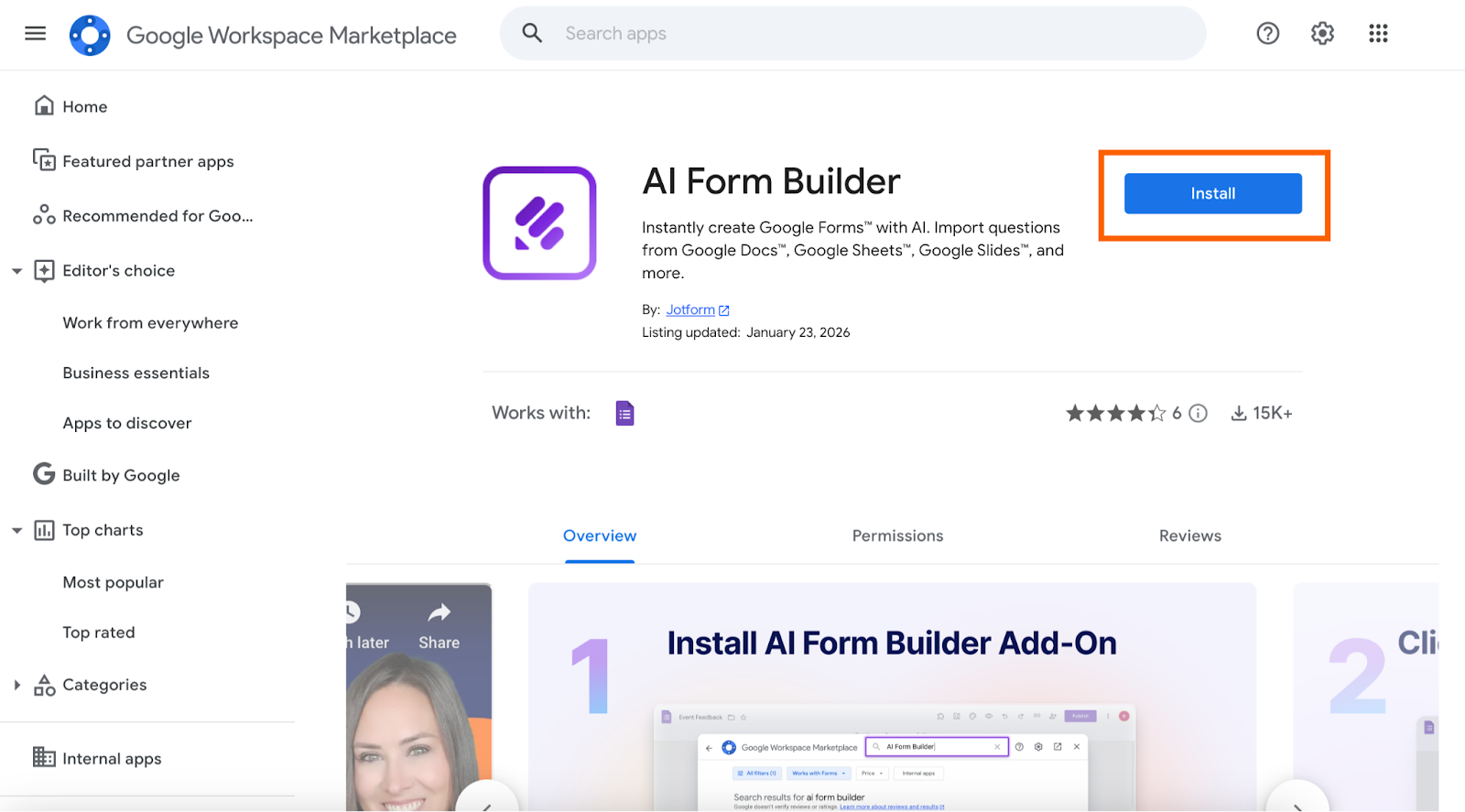 AI Form Builder listing on the Google Workspace Marketplace with a box highlighting the Install button