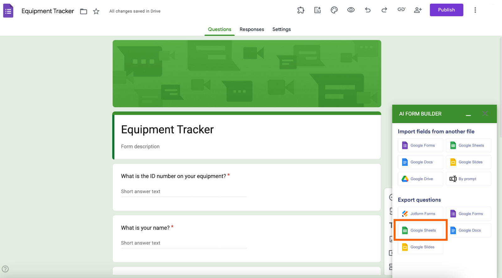 Google Forms interface with the "Select a form type" option highlighted in the AI Form Builder sidebar