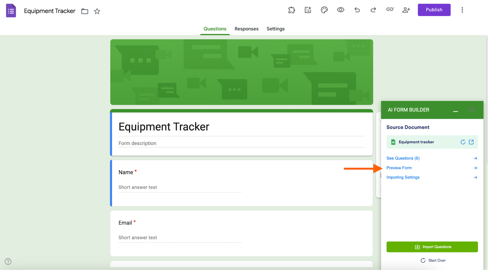 Google Forms interface with an arrow pointing to the Preview Form button in the AI Form Builder sidebar