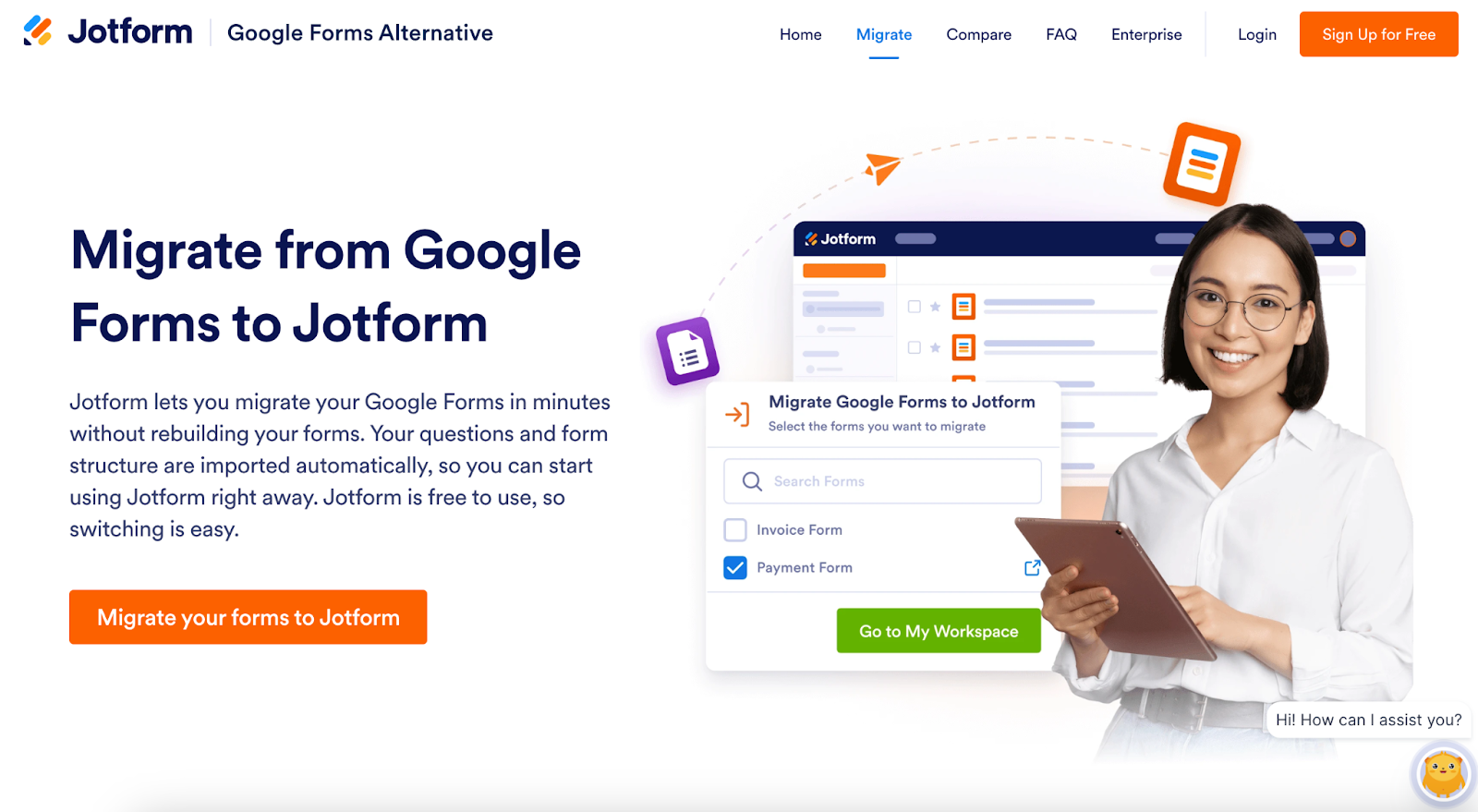 Jotform website with the words: "Migrate from Google Forms to Jotform"