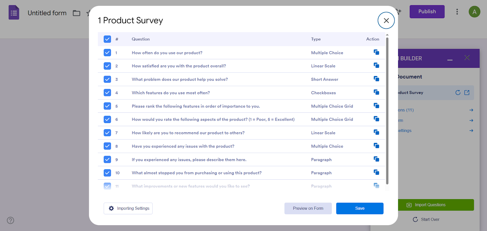 Capture d'écran du module complémentaire AI Form Builder montrant les Questions générées