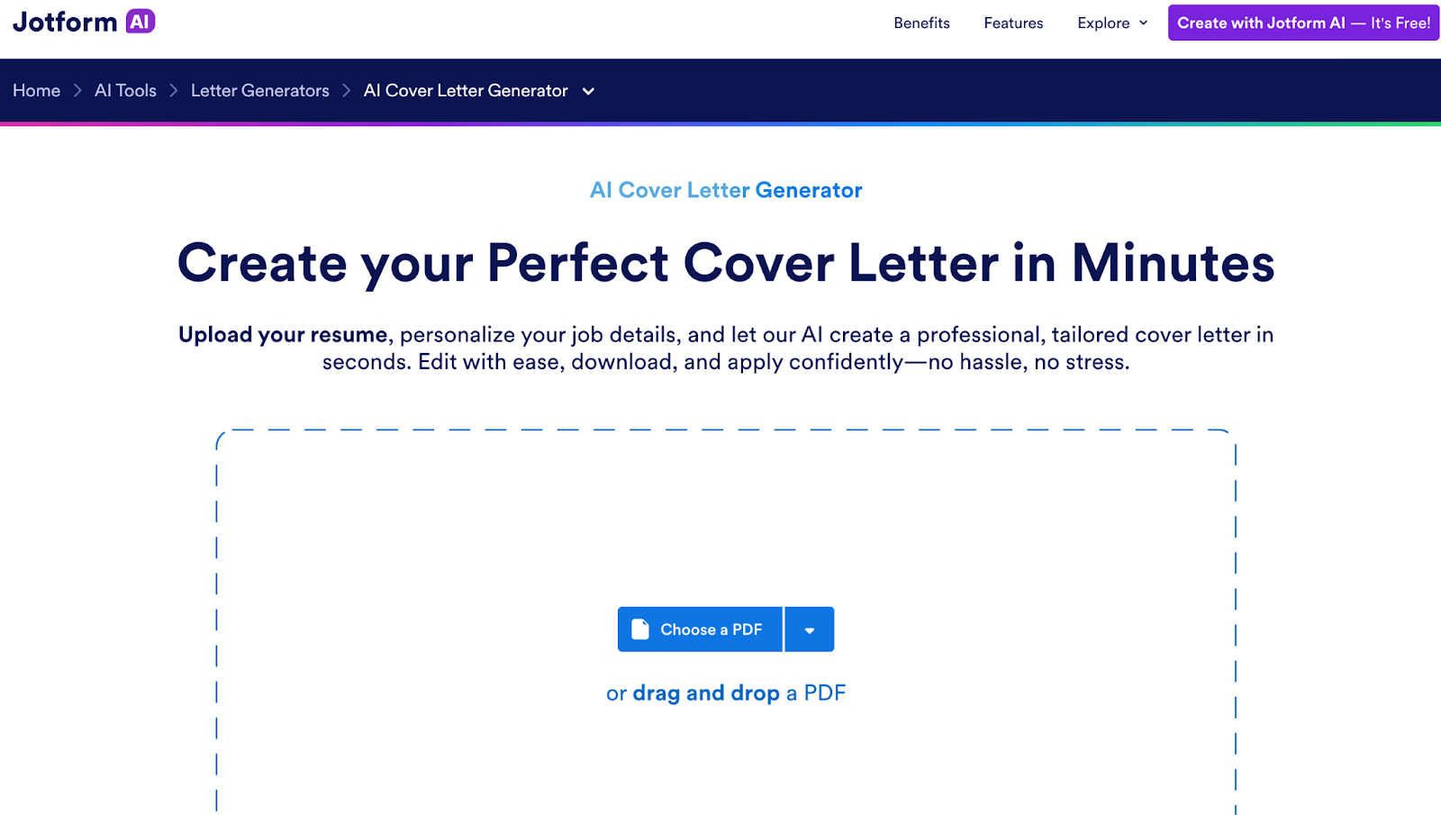 Jotform AI Cover Letter Generator landing section with a headline about creating a cover letter in minutes and a drag-and-drop area to upload a PDF resume