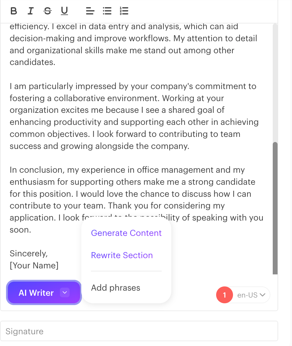 Kickresume editor view with a formatted cover letter text area, toolbar options, and an AI writing assistant menu offering options like generate content and rewrite section