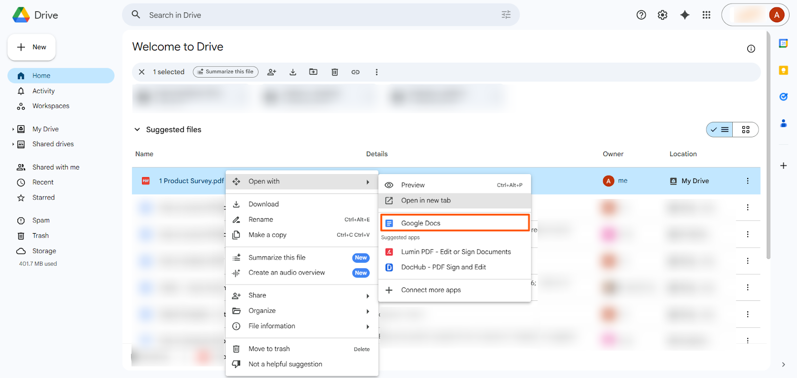 Google Drive Abrir PDF con Google Docs