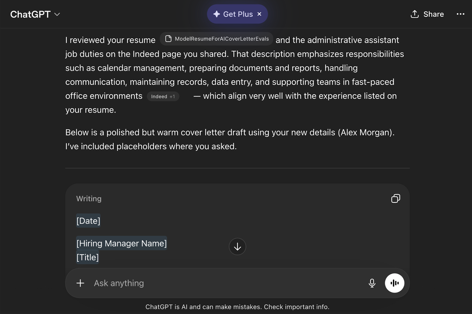 ChatGPT response displaying a generated cover letter draft with placeholders for date and hiring manager details in a writing interface